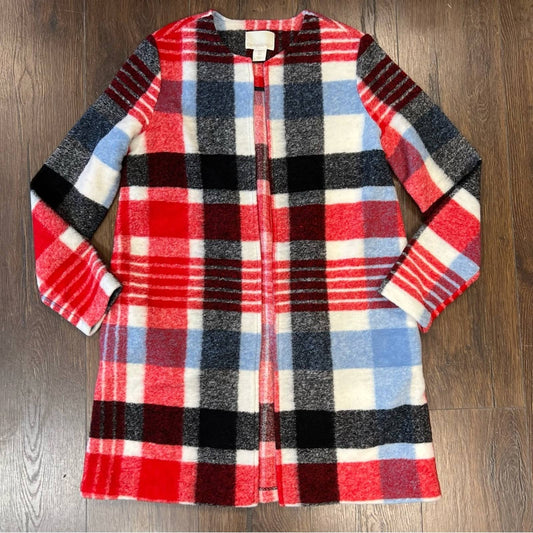 CYNTHIA ROWLEY Crew Neck Red Multicolor Plaid Wool Tweed Coat SZ SM