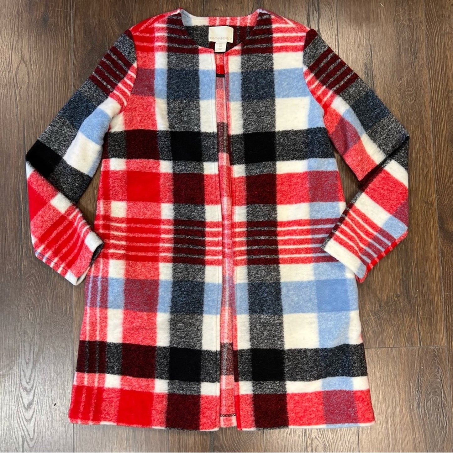 CYNTHIA ROWLEY Crew Neck Red Multicolor Plaid Wool Blend Tweed Coat SZ SM