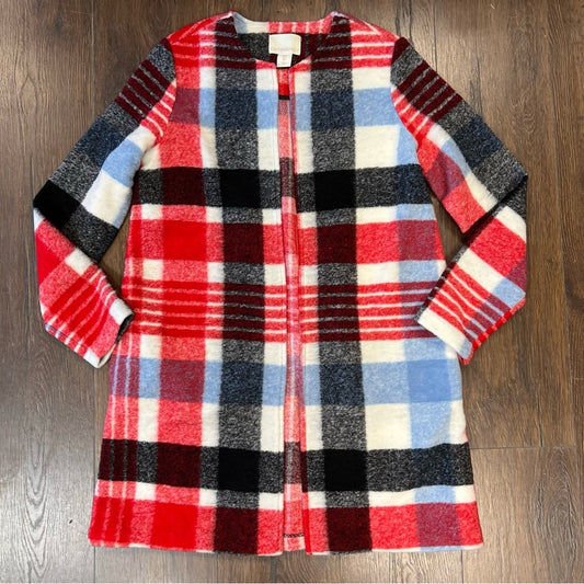 CYNTHIA ROWLEY Crew Neck Red Multicolor Plaid Wool Blend Tweed Coat SZ SM