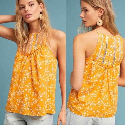 Anthropologie Maeve Martell Floral Yellow Tank Top SZ LG
