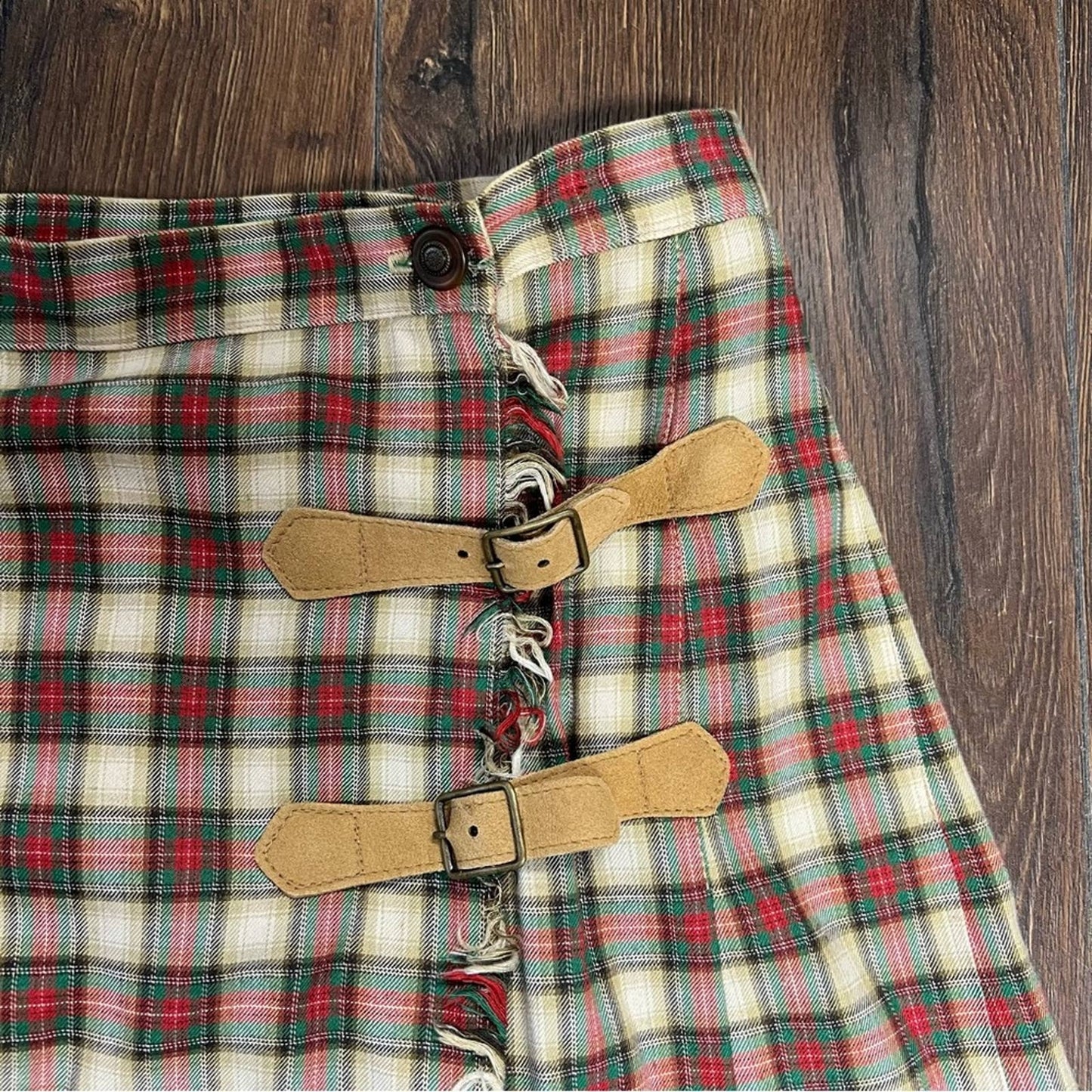Susan Bristol Vintage plaid gingham tartan kilt style wrap buckles skirt SZ 8