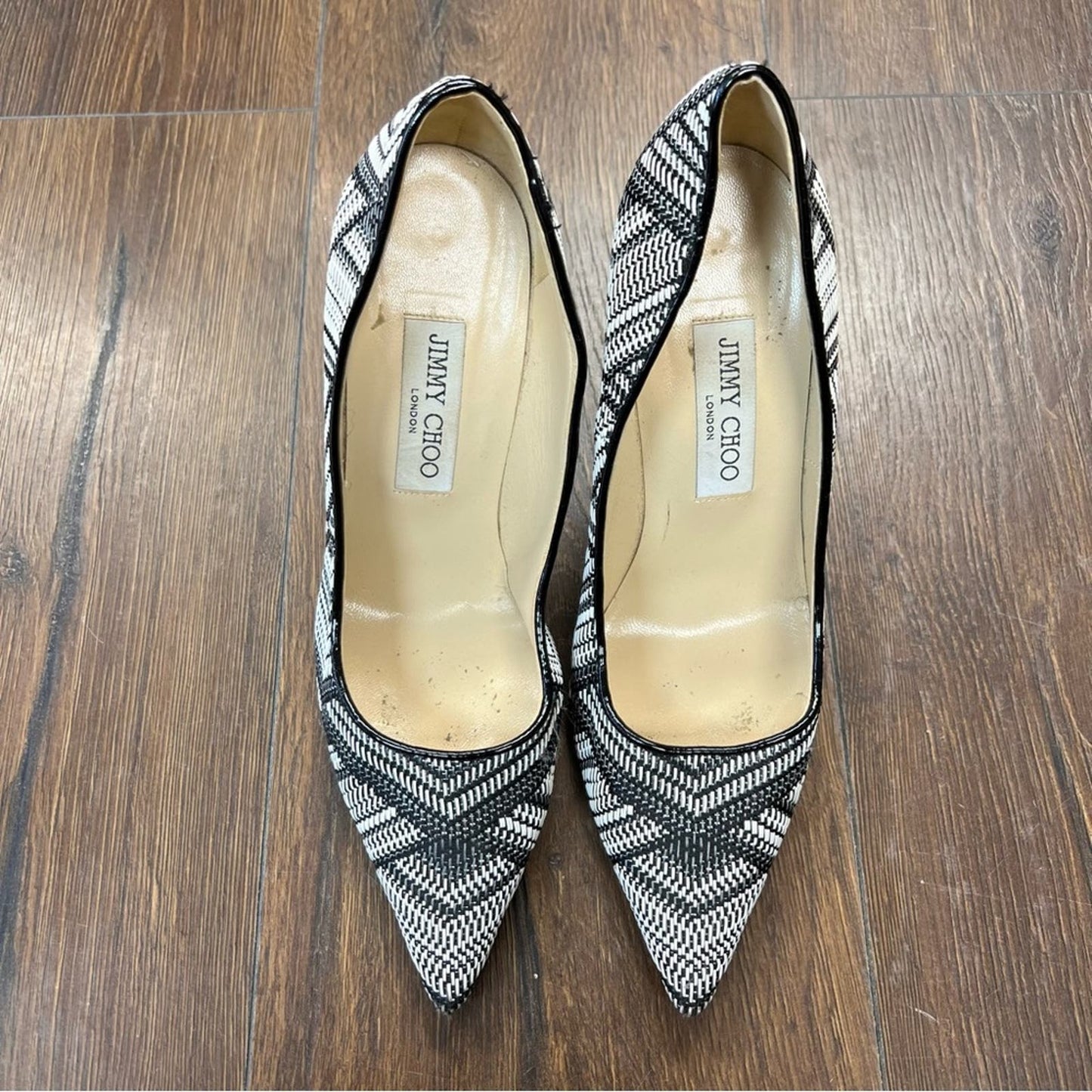 Jimmy Choo Abel Pointed Woven Fabric Pumps In Black White SZ 38