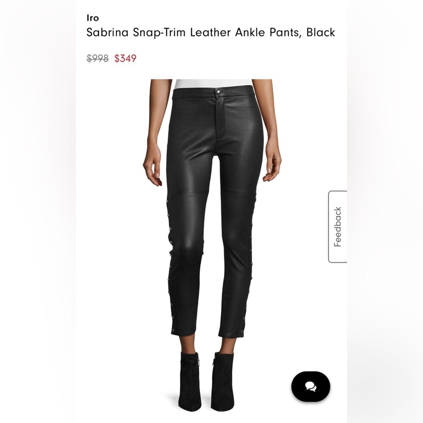 IRO Sabrina Snap-Trim Leather Ankle Pants, Black SZ 40/8