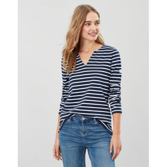 JOULES Harbour Notch Neck Womens Notch Neck Jersey Top - Navy Cream Stripe SZ 8