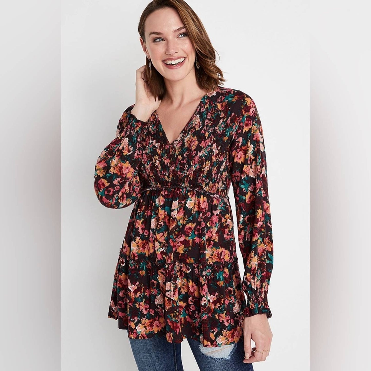 Maurices Floral Smocked Tunic Blouse SZ 0X