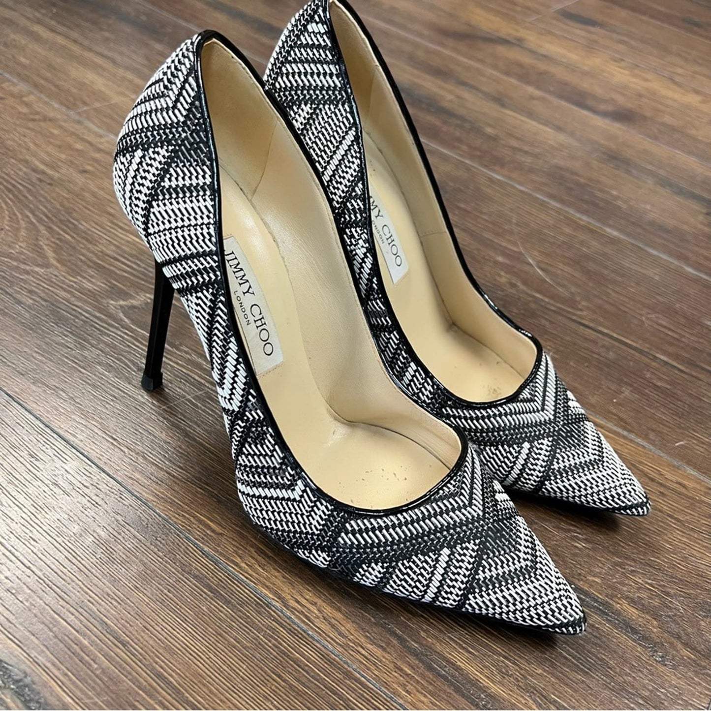 Jimmy Choo Abel Pointed Woven Fabric Pumps In Black White SZ 38