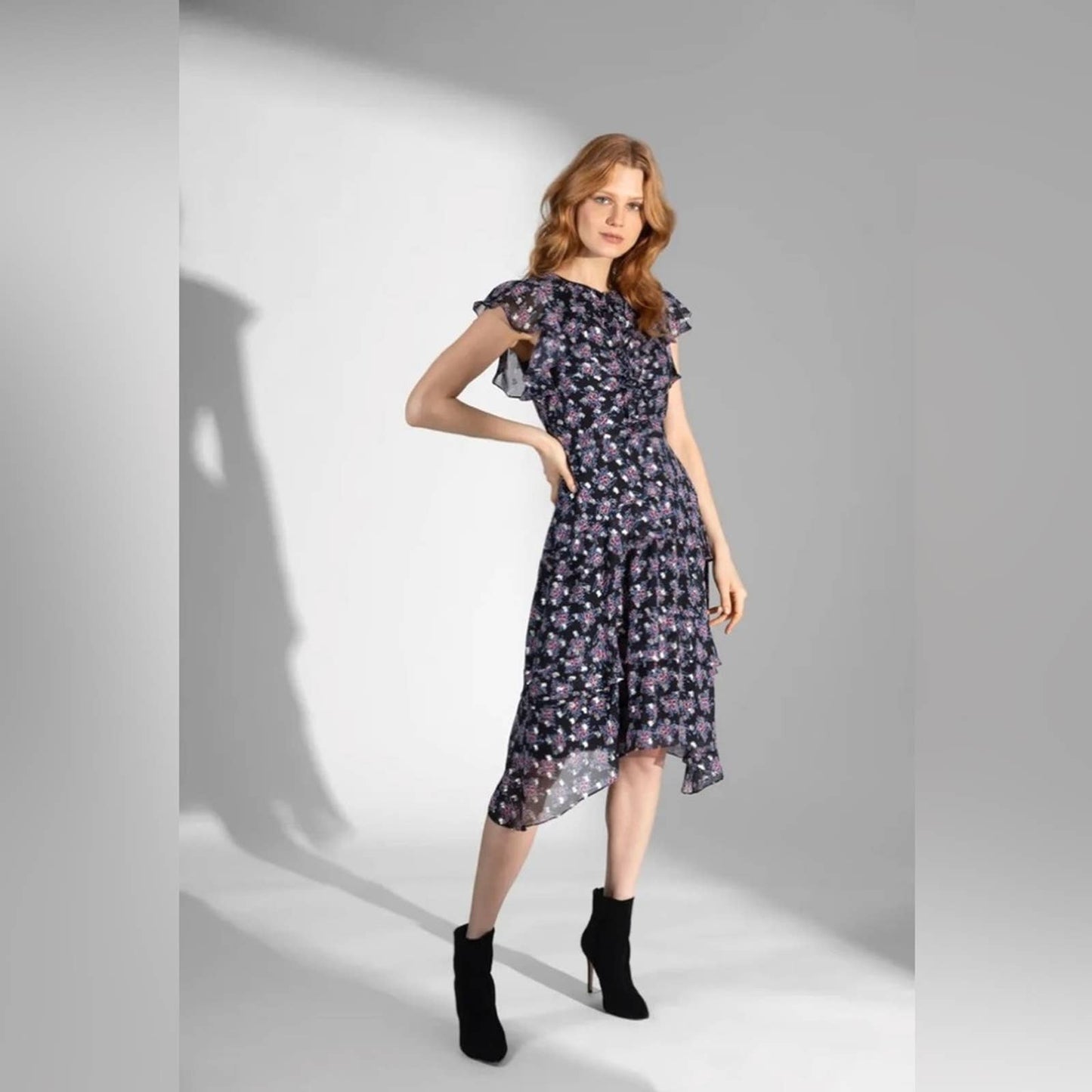 Shoshanna MAISIE CEDAR FLORAL METALLIC-PRINT FLUTTER-SLEEVE DRESS SZ 8