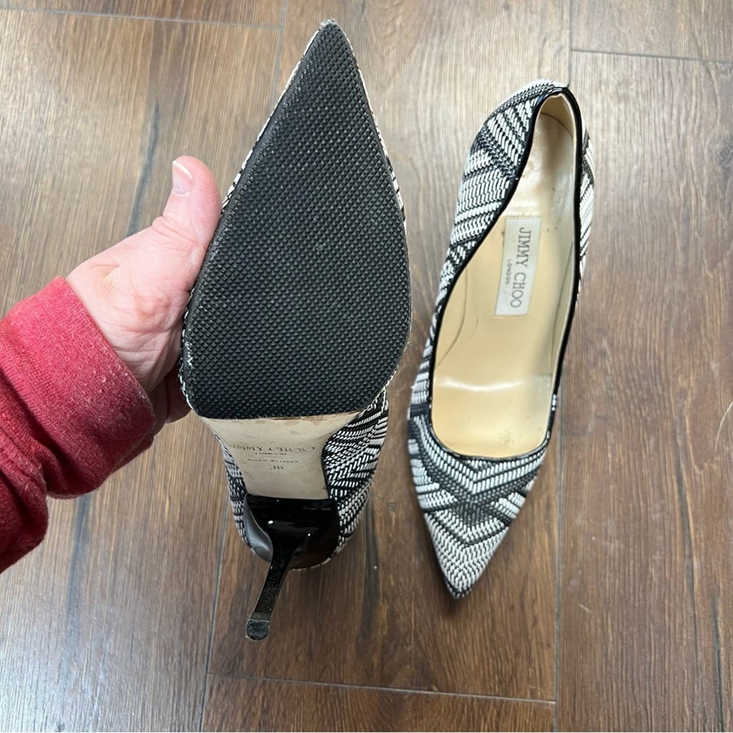 Jimmy Choo Abel Pointed Woven Fabric Pumps In Black White SZ 38