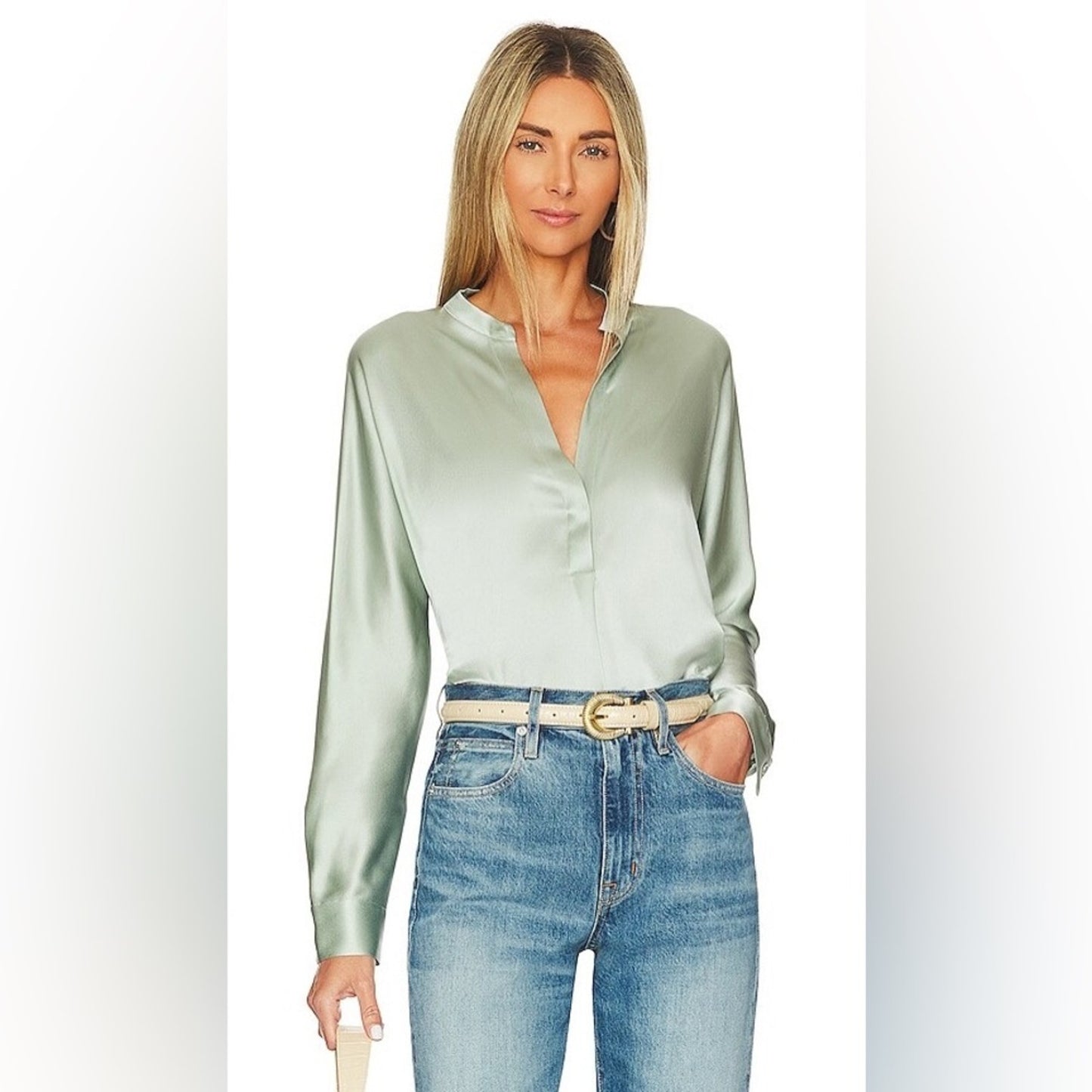 Vince Band Collar Long Sleeve Blouse in Mint Glass SZ SM