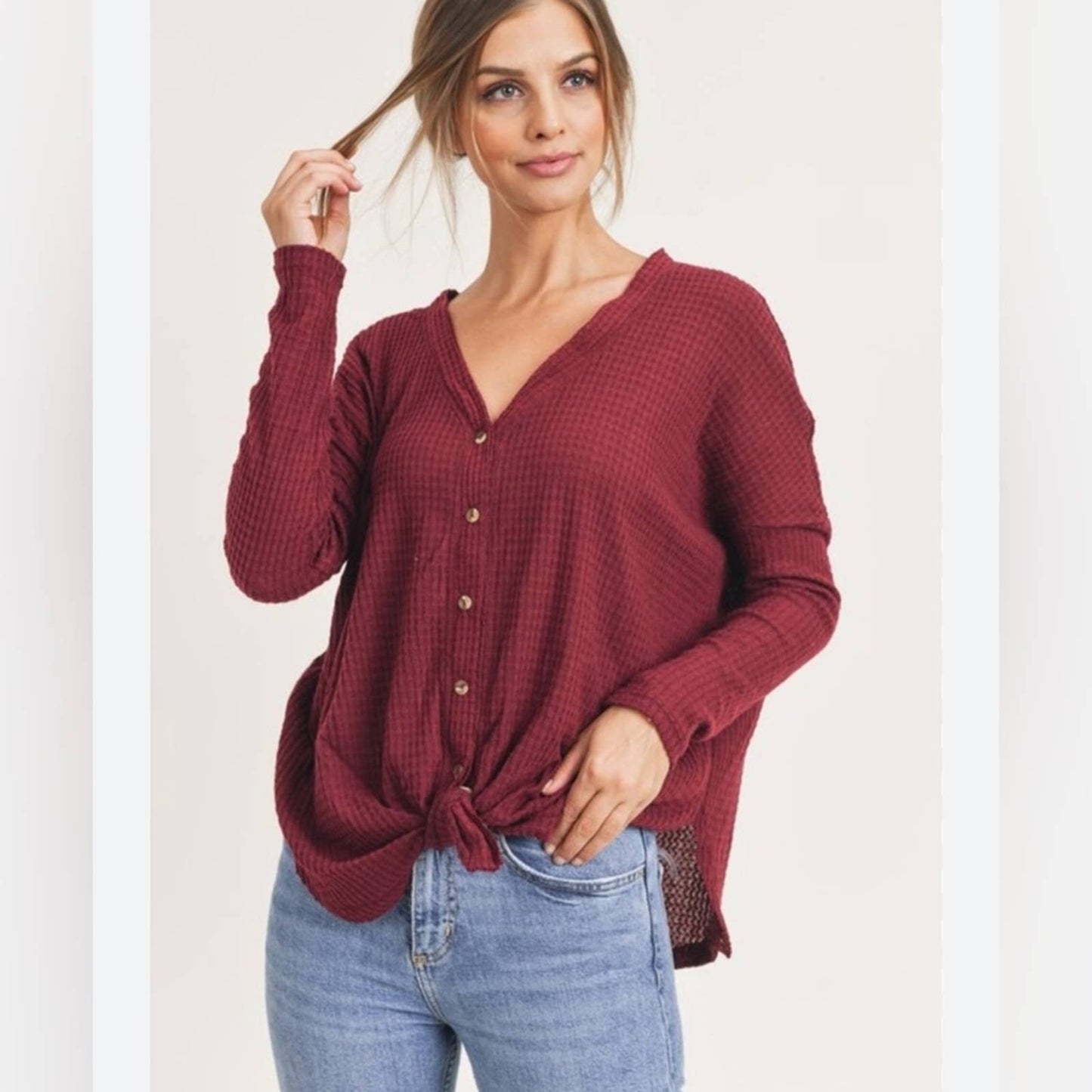 Betsey’s waffle knit front tie top SZ SM