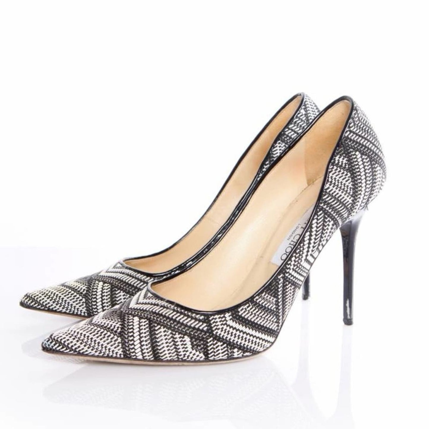 Jimmy Choo Abel Pointed Woven Fabric Pumps In Black White SZ 38