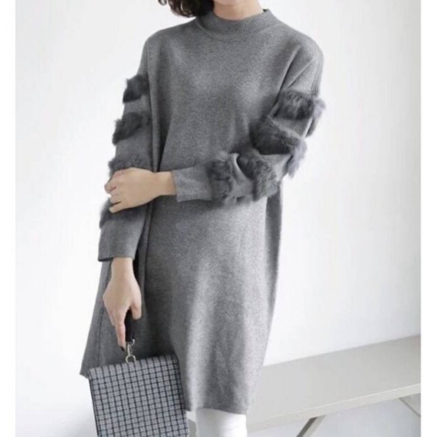 Joy Joy Female Hairy Fur Splicing Long Sleeve Warm Fluffy Sweater dress SZ SM