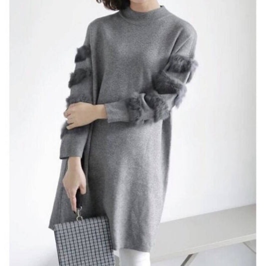 Joy Joy Female Hairy Fur Splicing Long Sleeve Warm Fluffy Sweater dress SZ SM