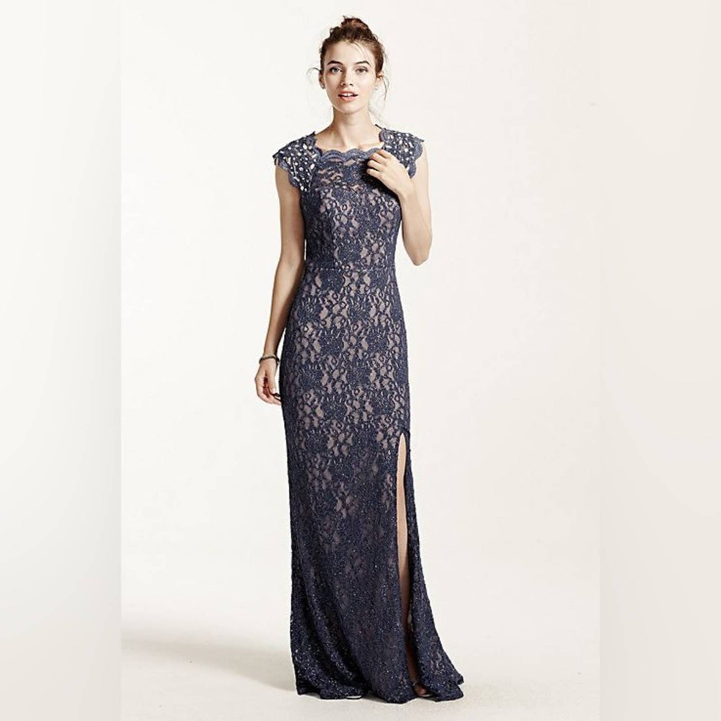 🆕 DAVID'S BRIDAL long lace cap sleeve dress with keyhole back SZ 3