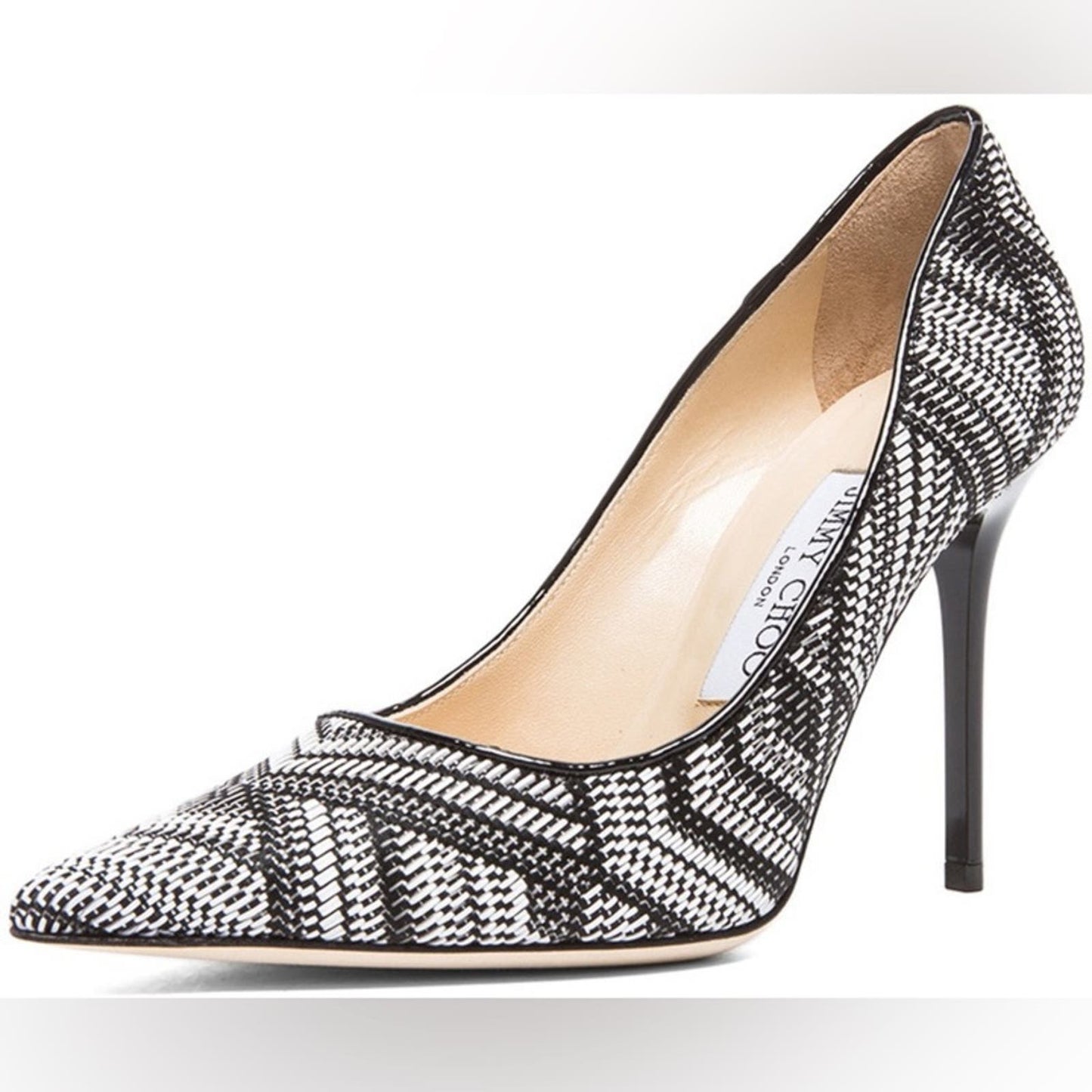 Jimmy Choo Abel Pointed Woven Fabric Pumps In Black White SZ 38