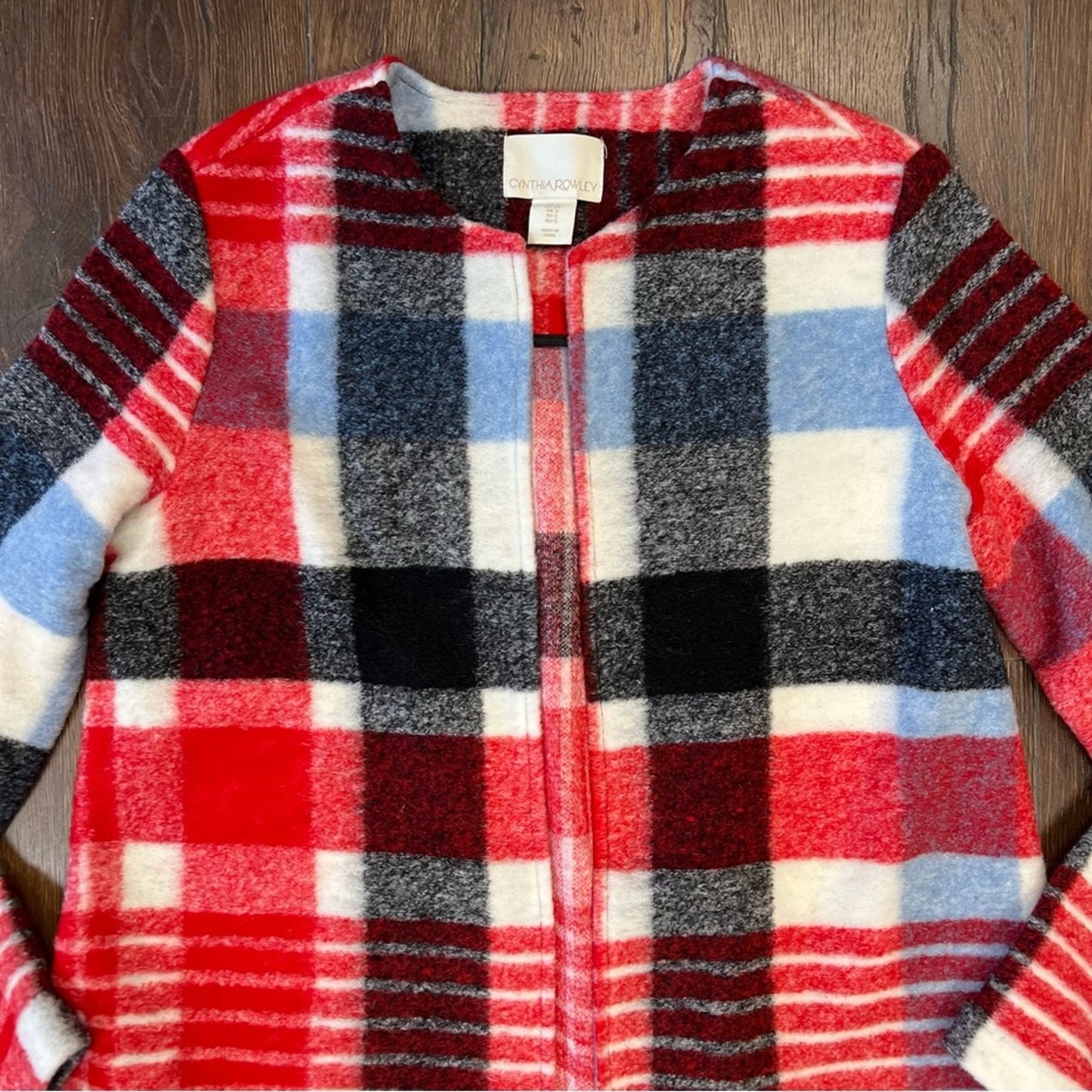 CYNTHIA ROWLEY Crew Neck Red Multicolor Plaid Wool Blend Tweed Coat SZ SM