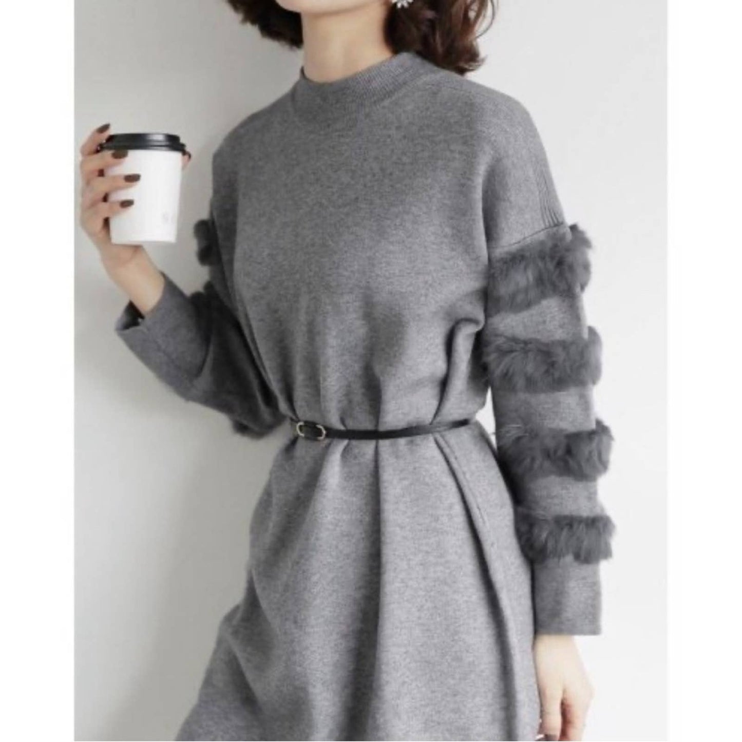 Joy Joy Female Hairy Fur Splicing Long Sleeve Warm Fluffy Sweater dress SZ SM