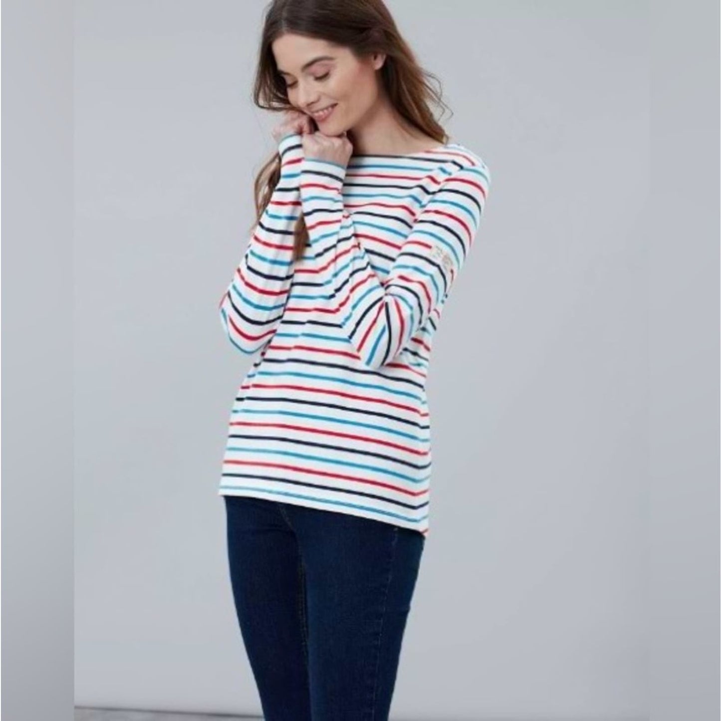 Joules Harbour Long Sleeve Jersey Top Cream Navy Red Blue SZ 8
