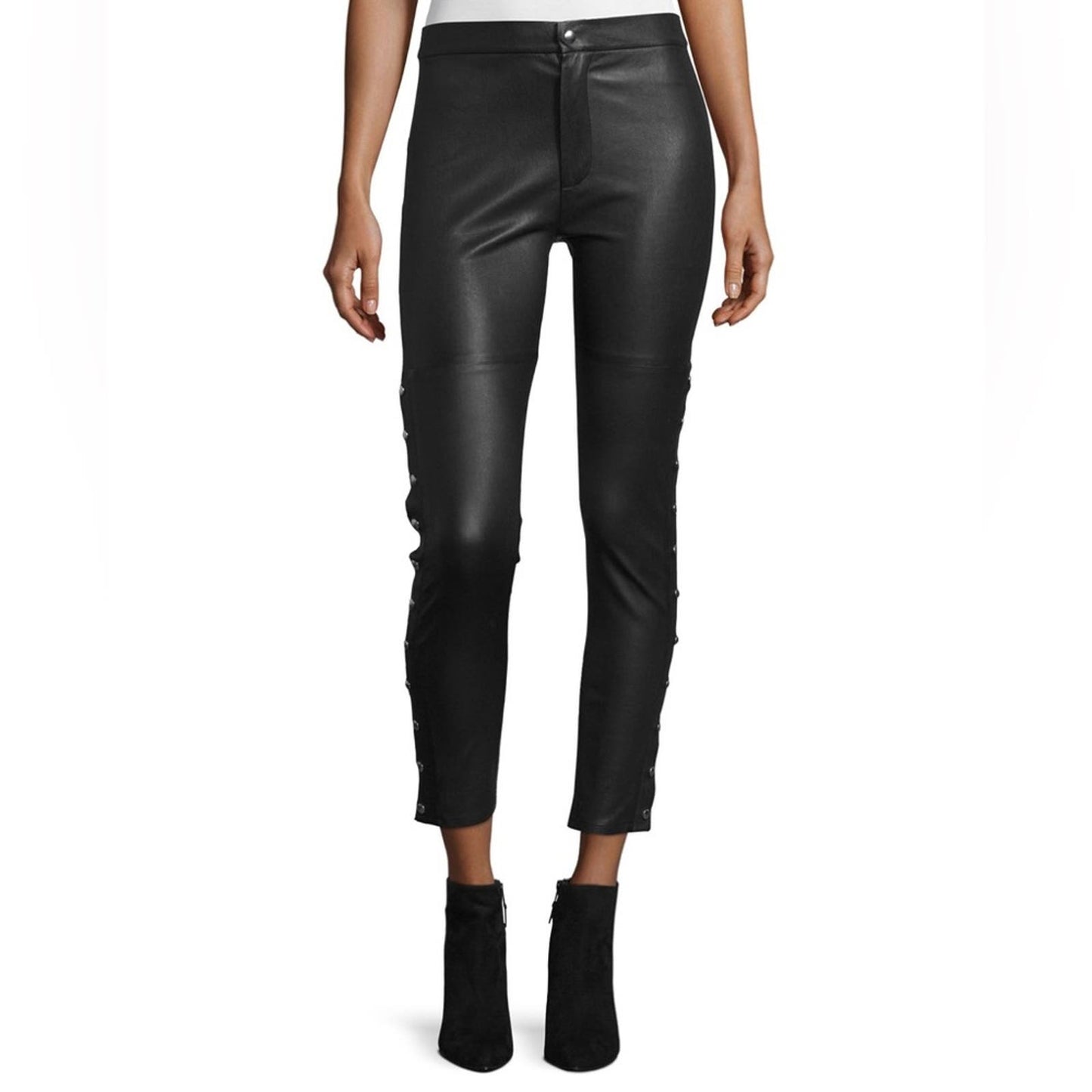 IRO Sabrina Snap-Trim Leather Ankle Pants, Black SZ 40/8