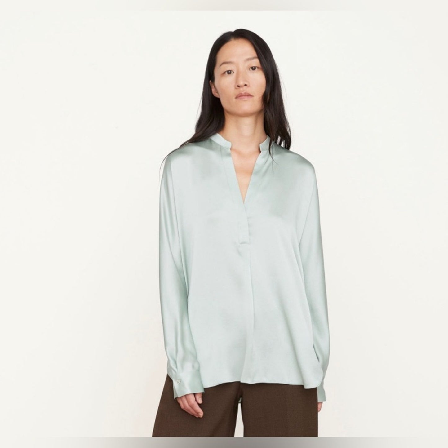 Vince Band Collar Long Sleeve Blouse in Mint Glass SZ SM