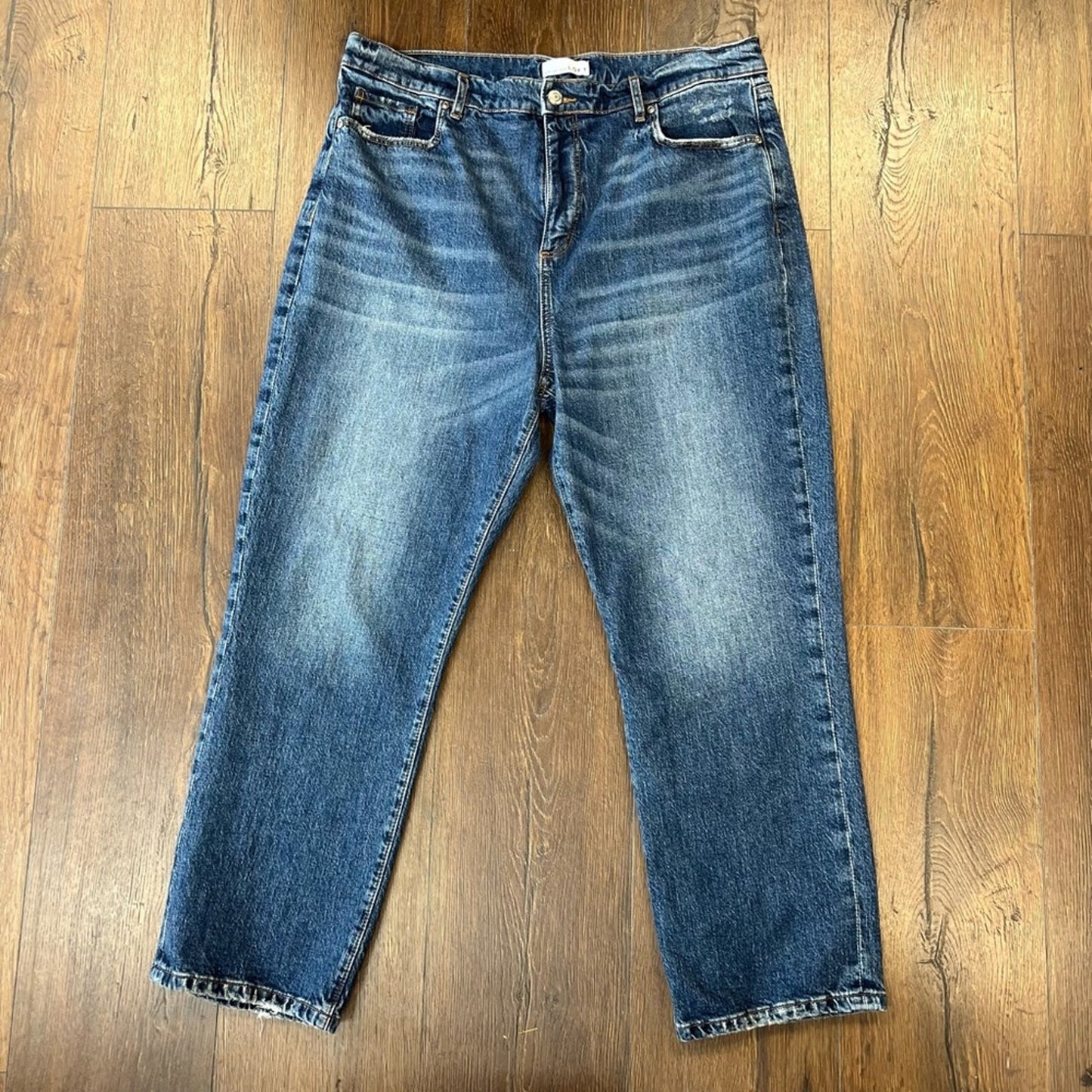 Loft High Rise Straight Crop Jeans in Staple Mid Indigo Wash SZ 32/14