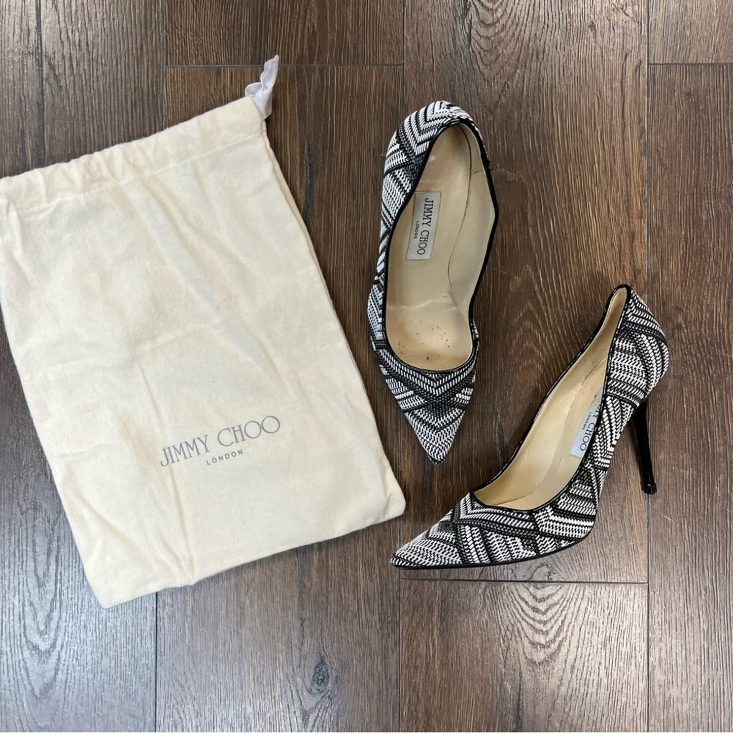 Jimmy Choo Abel Pointed Woven Fabric Pumps In Black White SZ 38