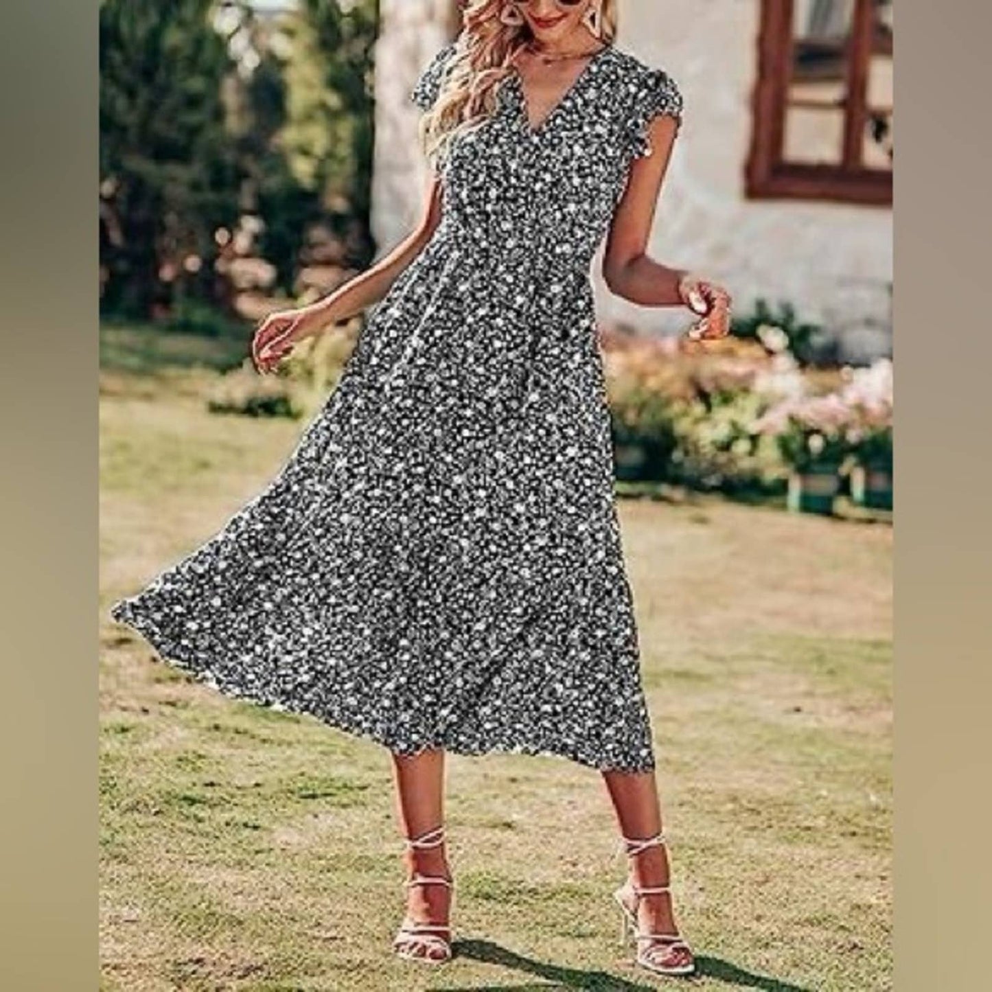 🆕 BTFBM Women Summer Bohemian
Floral Casual Wrap V Neck Ruffle SZ SM