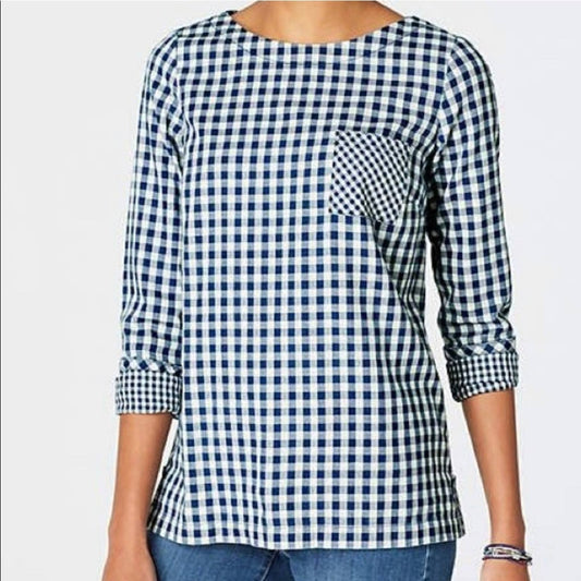 J. Jill indigo gingham button back long sleeve top SZ LG