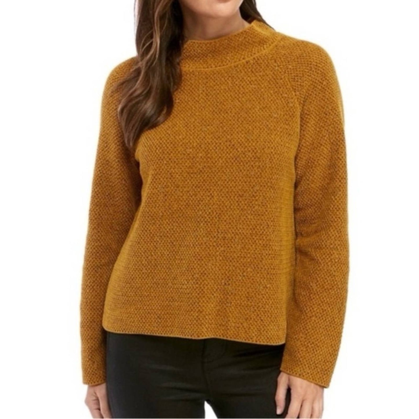 Eileen fisher tweed mock neck mustard sweater SZ XS