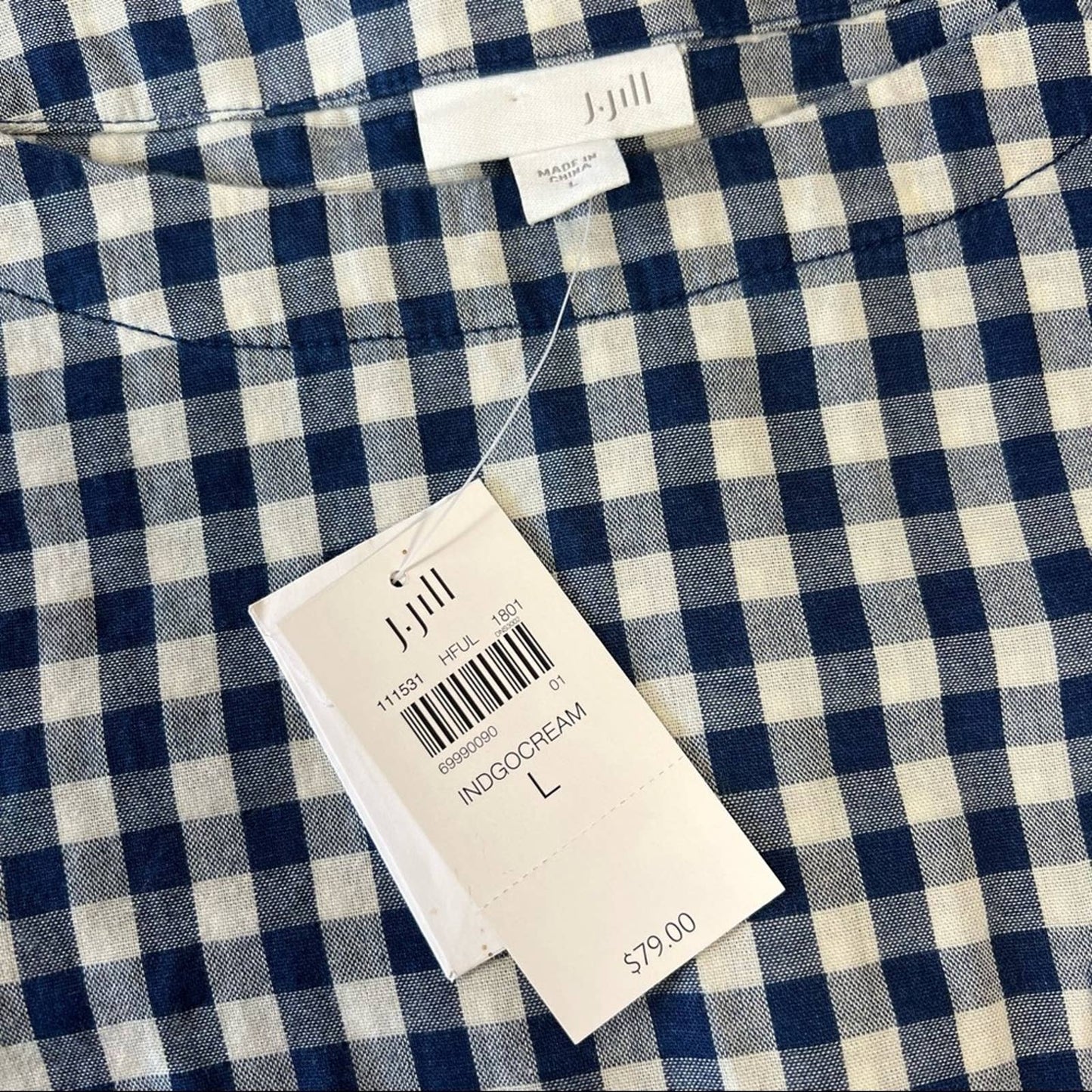 J. Jill indigo gingham button back long sleeve top SZ LG
