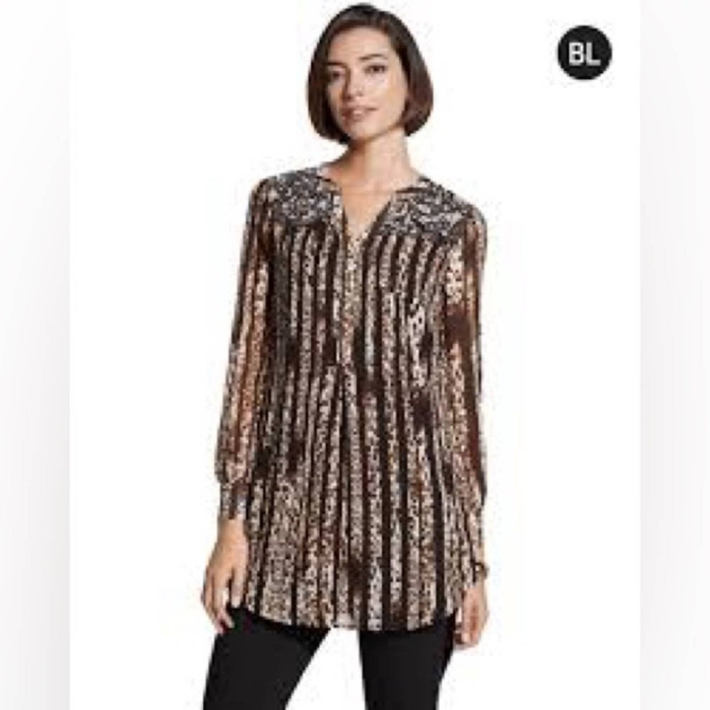 Chicos BLACK LABEL Mixed-Print Zip Back Blouse SZ 2/LG