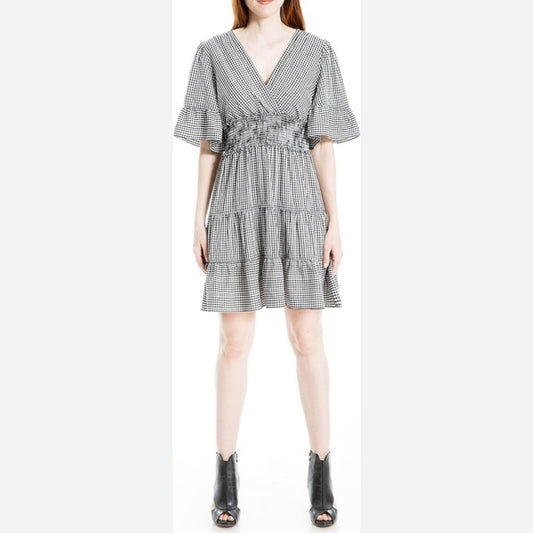 🆕 Max studio gingham black and cream flutter sleeve dress SZ LG