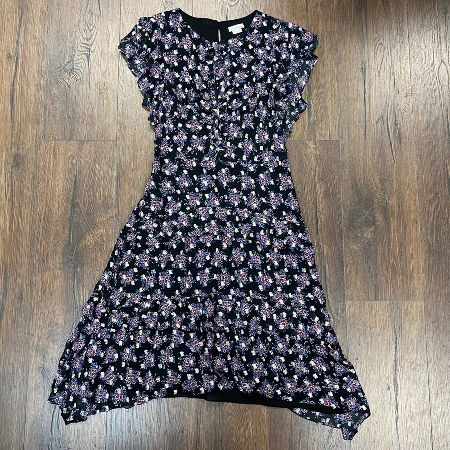 Shoshanna MAISIE CEDAR FLORAL METALLIC-PRINT FLUTTER-SLEEVE DRESS SZ 8
