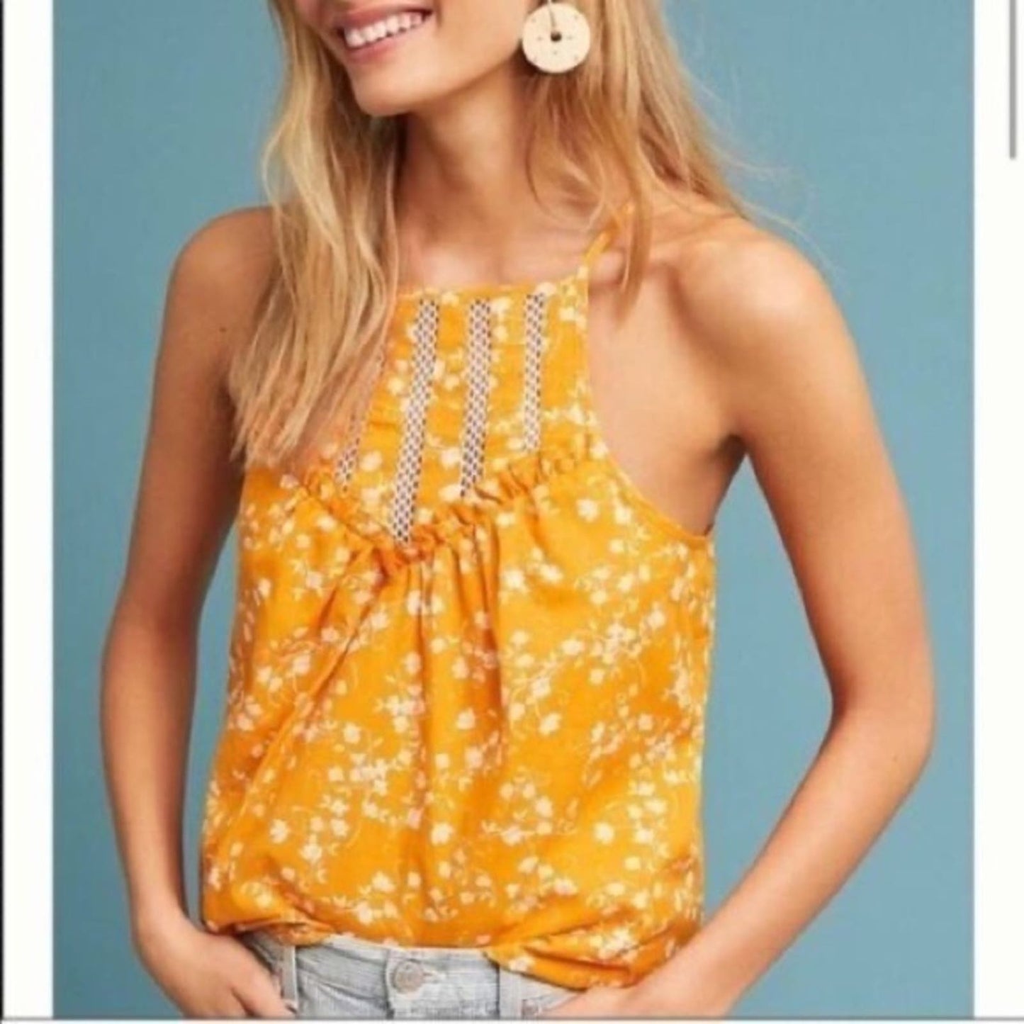 Anthropologie Maeve Martell Floral Yellow Tank Top SZ LG