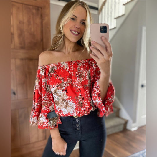🆕 Rae Off Shoulder Floral Top in Tomato SZ LG