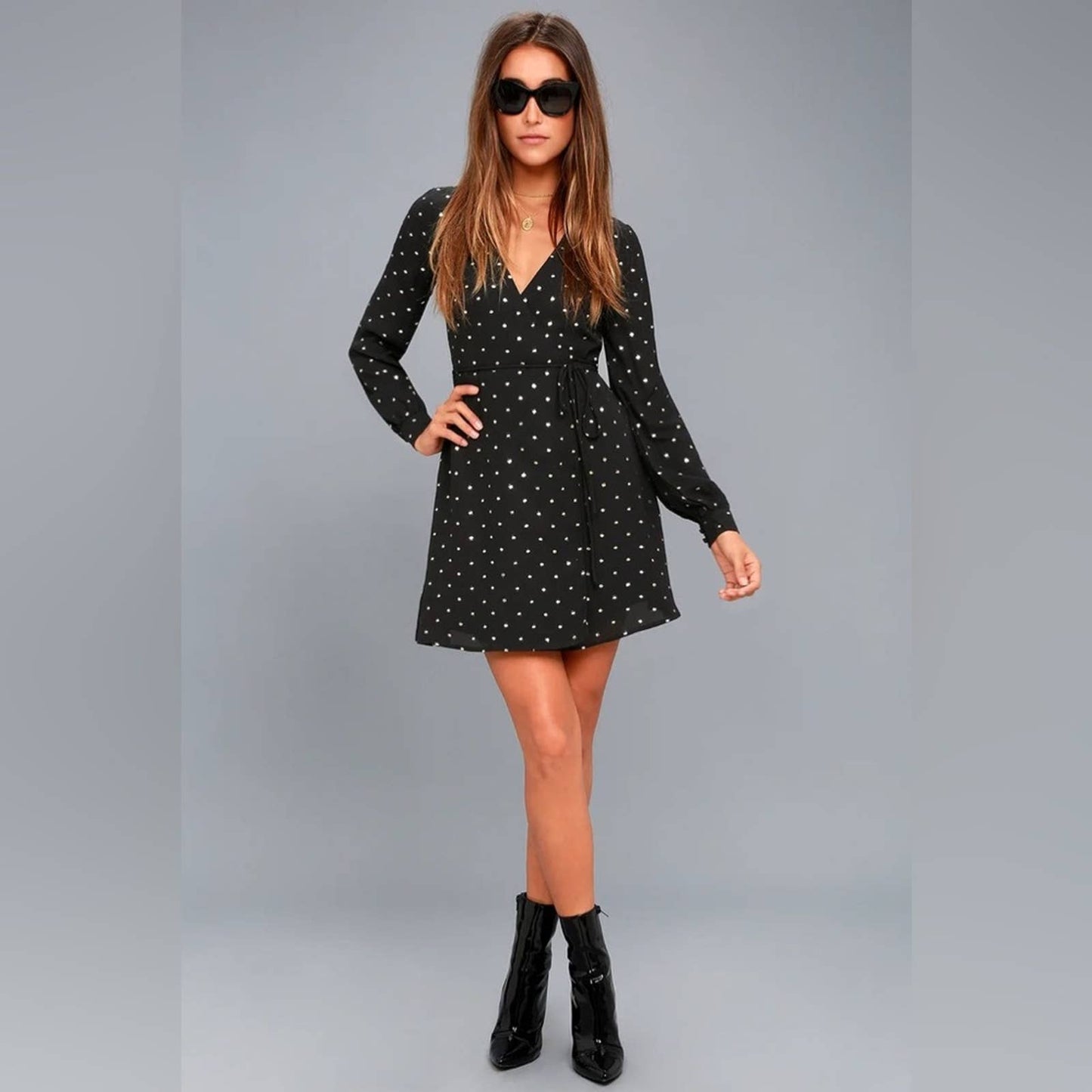 🆕 Lulu’s Wandering Soul Gold and Black Polka Dot Wrap Dress SZ MED