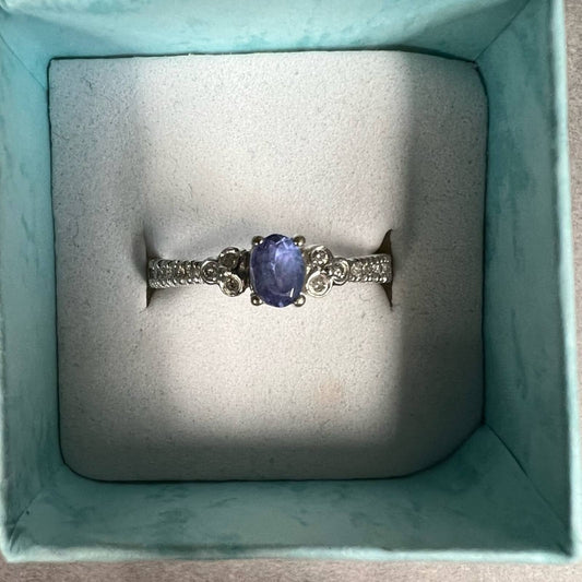 14kt white gold oval tanzanite ring with diamonds