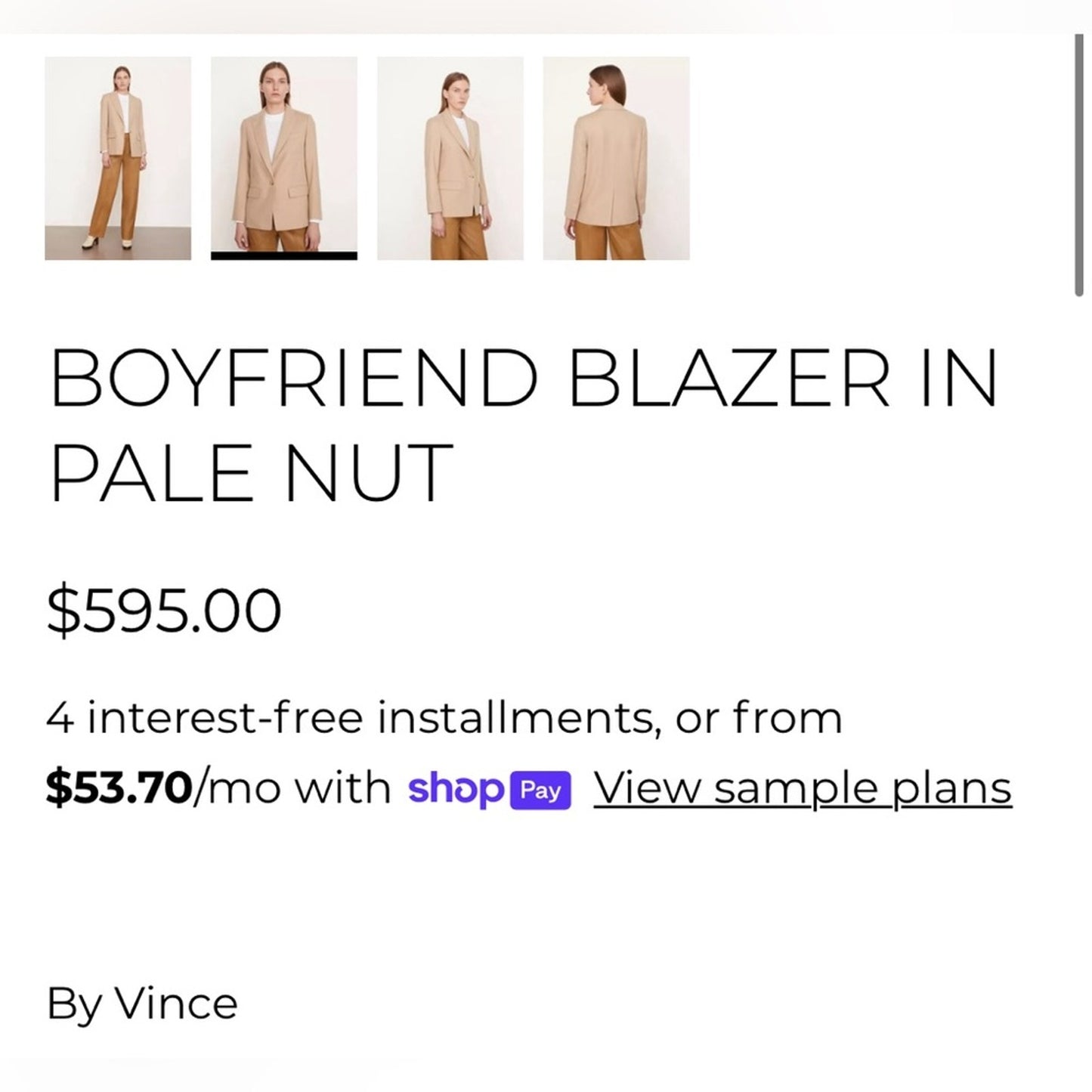 VINCE. BOYFRIEND BLAZER IN PALE NUT SZ 8