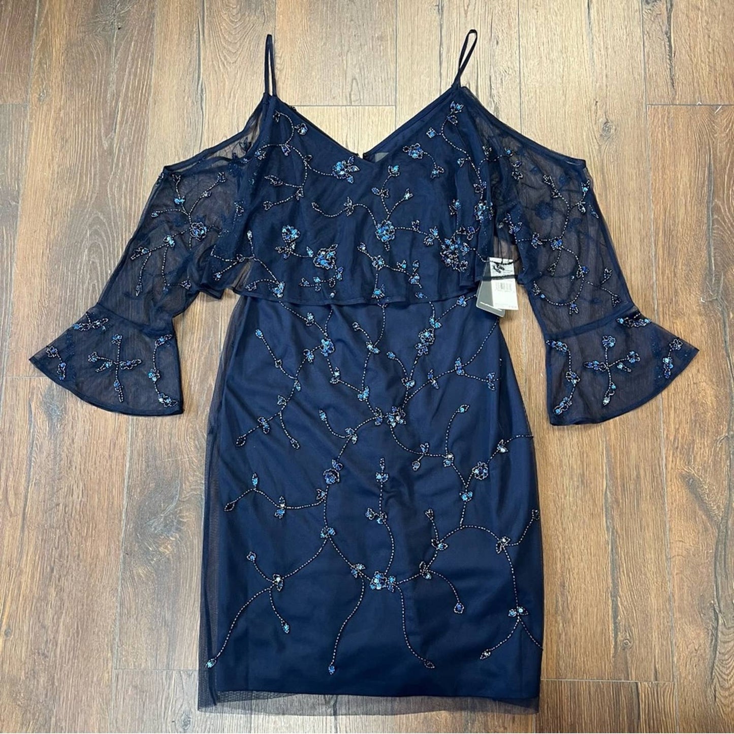 🆕 ADRIANNA PAPELL Twilight Navy Cold Shoulder Short Beaded Sheath Dress SZ 10