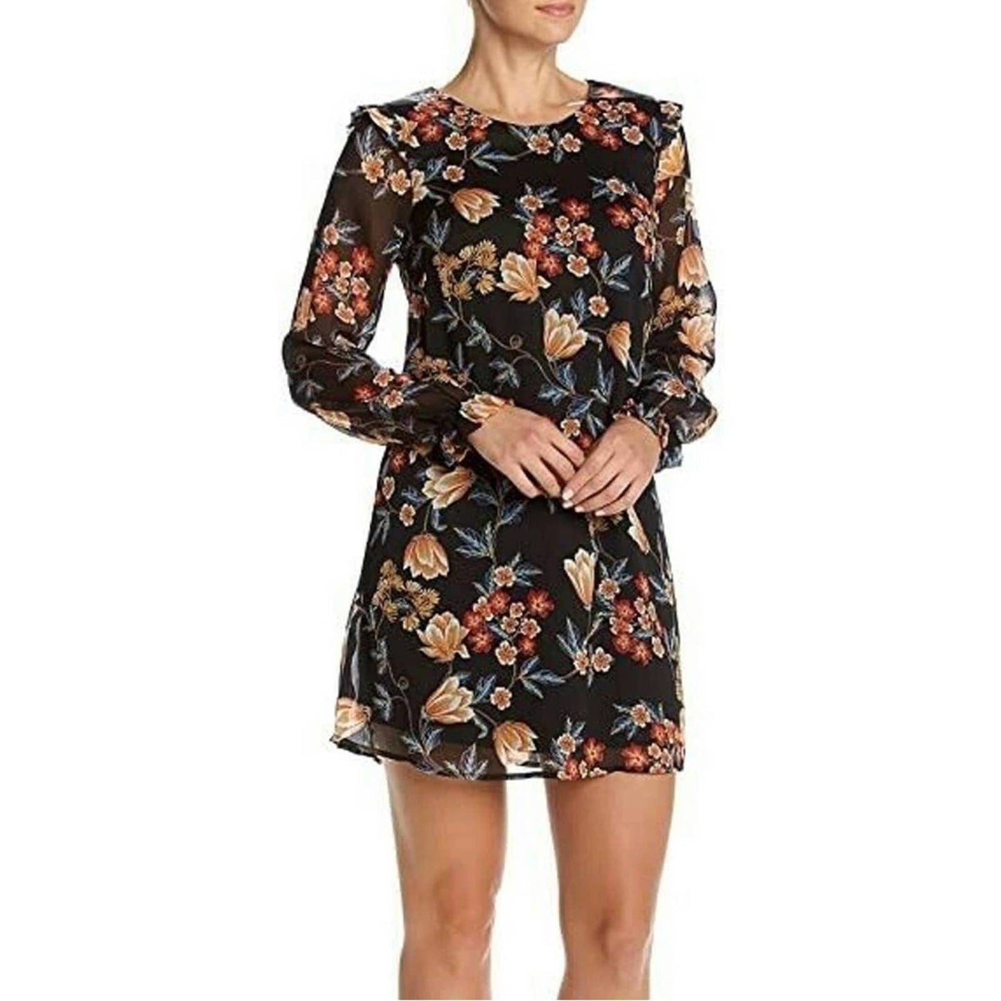 Bobeau Black floral shift dress with sheer sleeves SZ LG