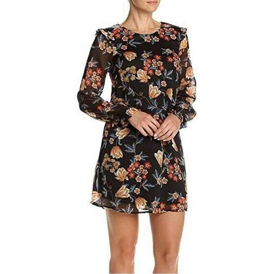 Bobeau Black floral shift dress with sheer sleeves SZ LG