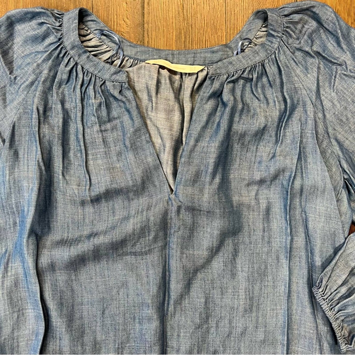 Zara Chambray Embroidered Sleeve Blouse Size XS