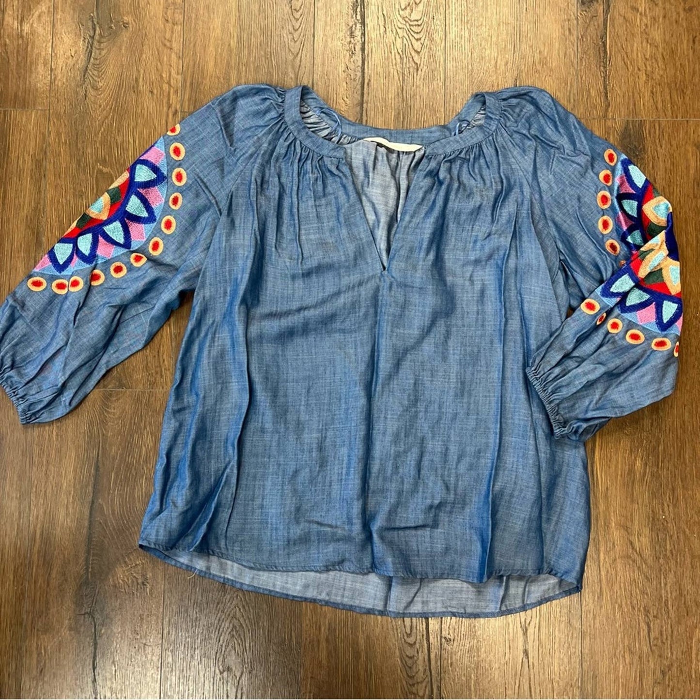 Zara Chambray Embroidered Sleeve Blouse Size XS