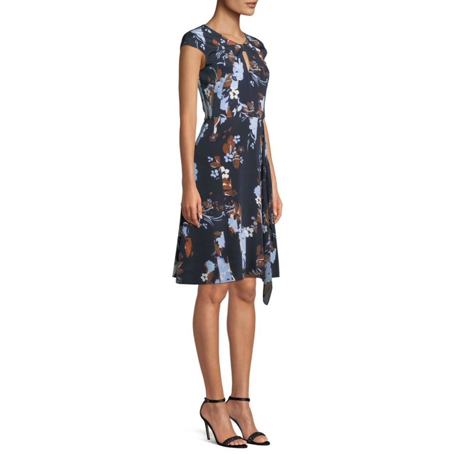 St John cap sleeve painted floral print dress in navy multi SZ 6