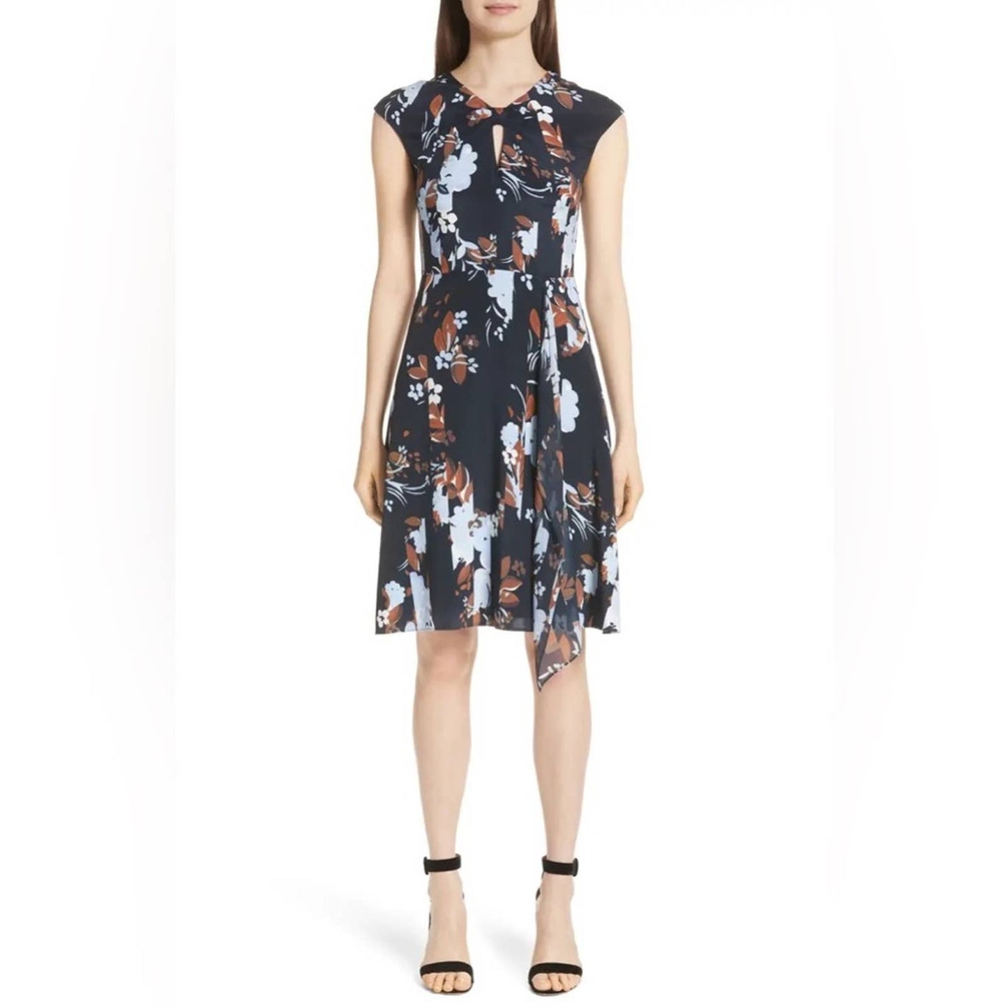 St John cap sleeve painted floral print dress in navy multi SZ 6