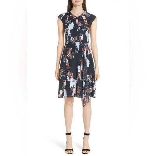 St John cap sleeve painted floral print dress in navy multi SZ 6