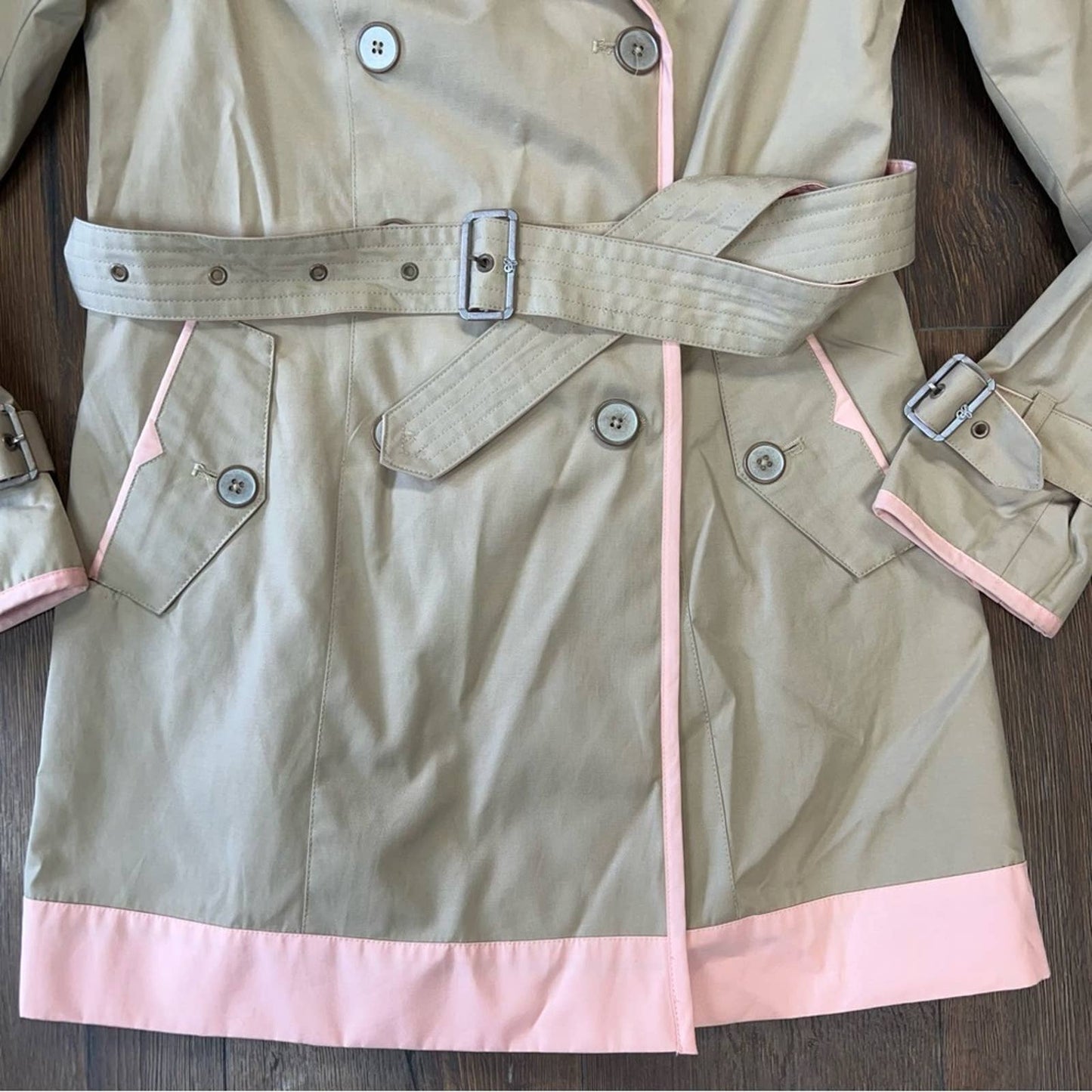 Sam Edelman Gigi tan trench coat with pink trim SZ MED