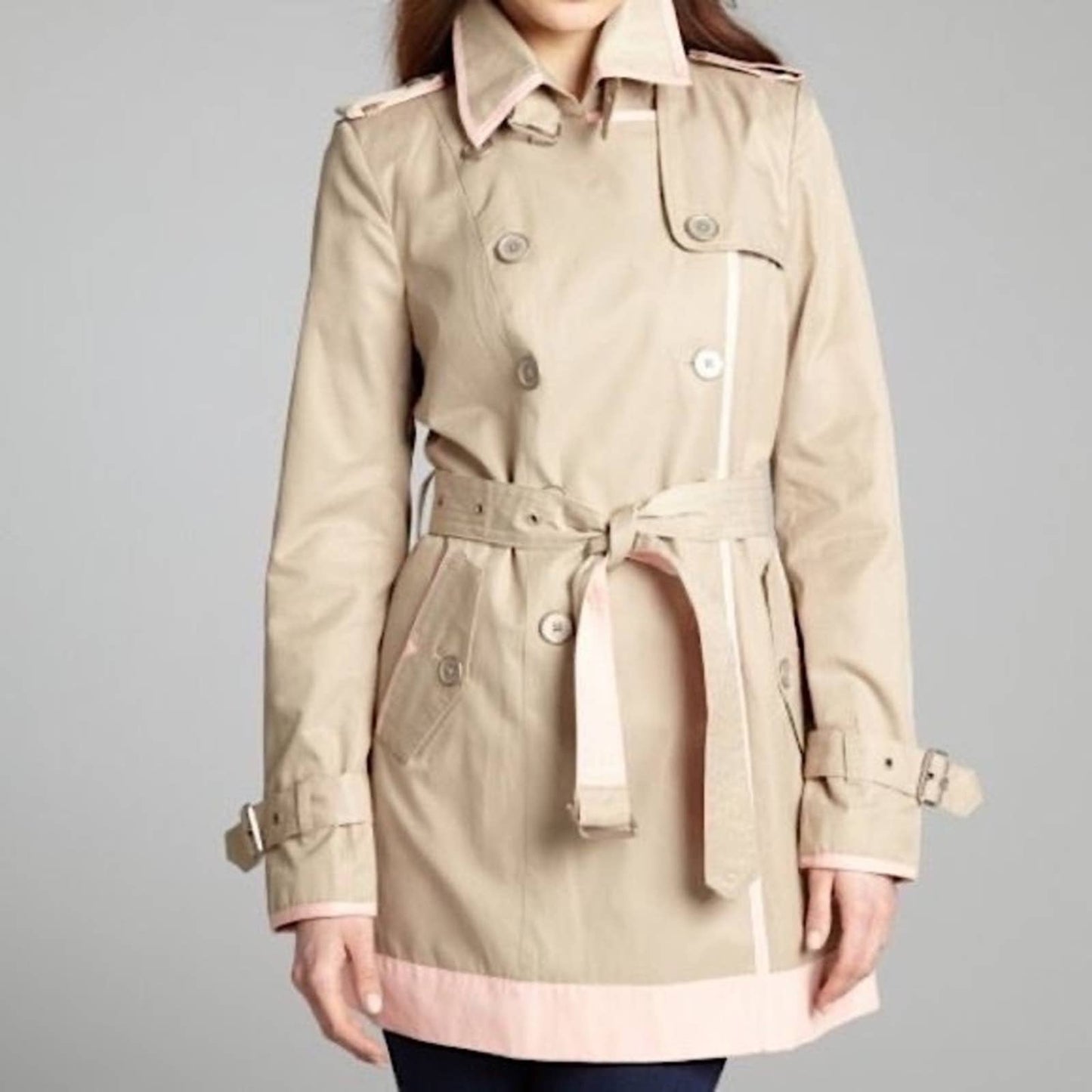 Sam Edelman Gigi tan trench coat with pink trim SZ MED