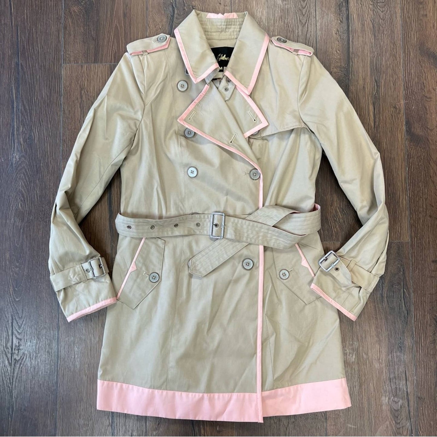 Sam Edelman Gigi tan trench coat with pink trim SZ MED