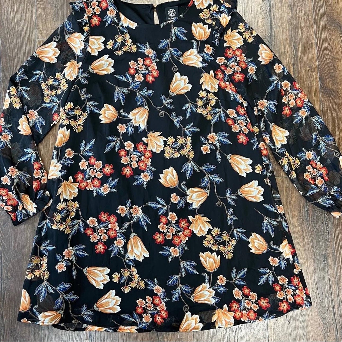 Bobeau Black floral shift dress with sheer sleeves SZ LG
